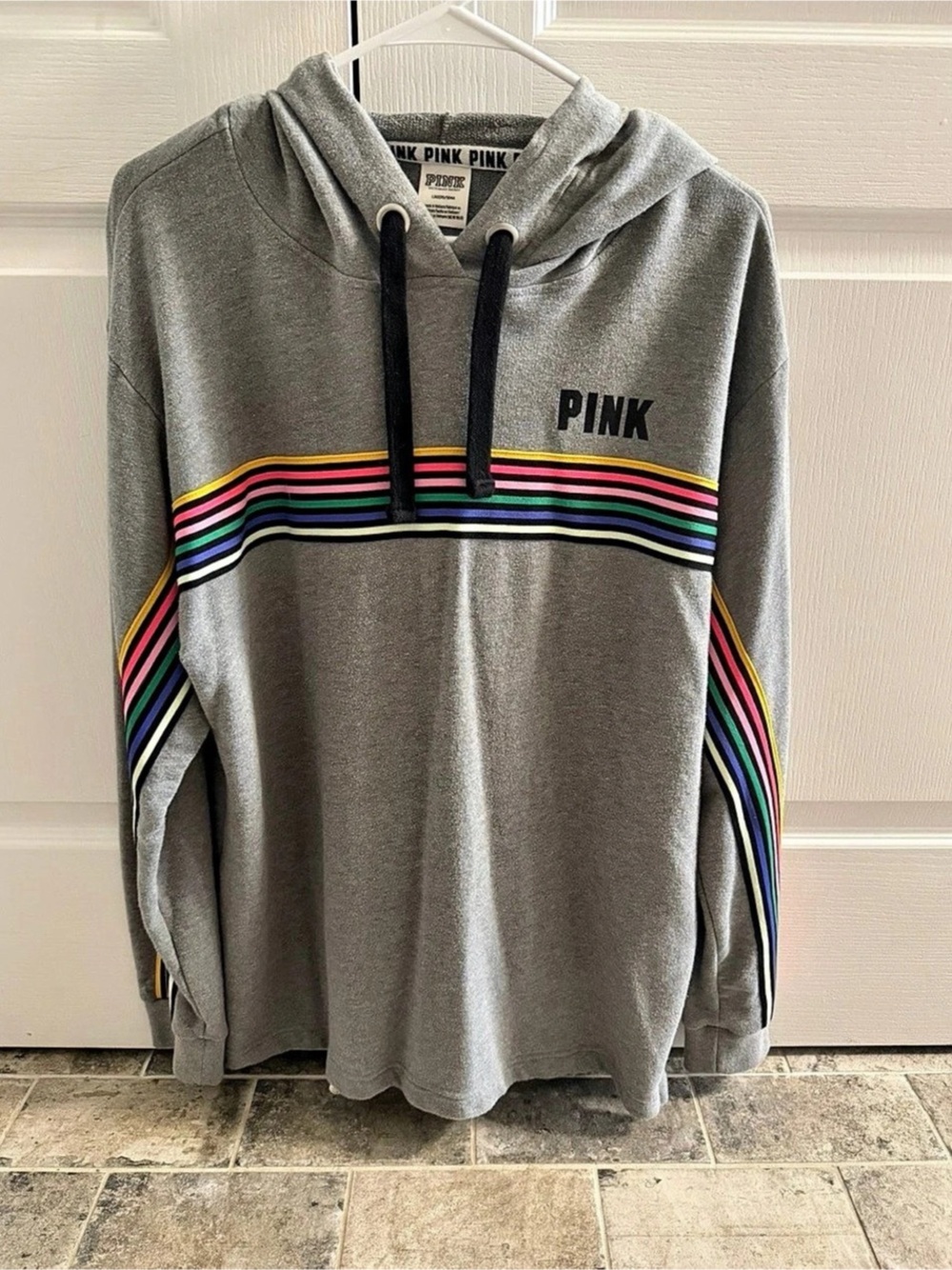 2018 Victoria’s Secret PINK Rainbow Stripe Hoodie Gray- Size Large
